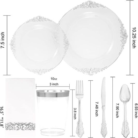 FLOWERCAT 175PCS Clear Silver Plastic Plates Set – Disposable Tableware for Weddings, Parties & New Year