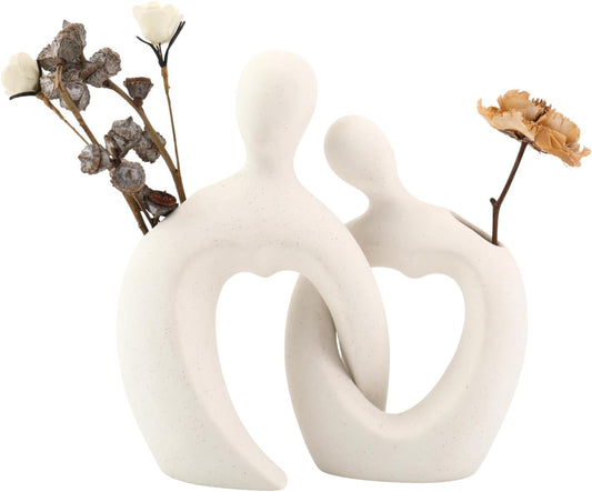 White Ceramic Vases, Modern Flower Vase Set of 2, Ceramic Decorative Vase for Flowers, Boho White Vases Home Decor for Living Room, Bedroom, Shelf, Office, Table, Wedding, Gift