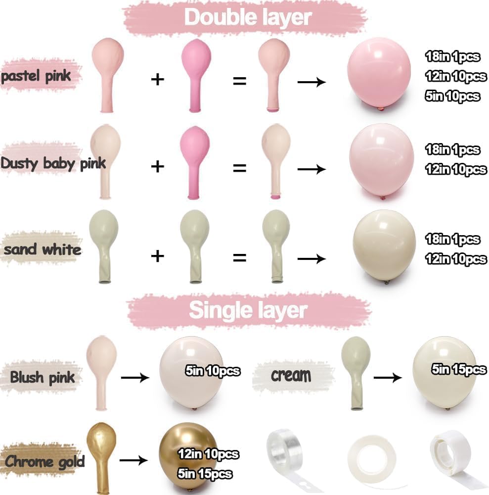 Pink White Gold Balloon Garland Double Stuffed Light Baby Pink Balloons Sand White Gold Balloon Arch Kit for Baby Bridal Shower Graduation Wedding Engagement Coquette Birthday Party Decorations