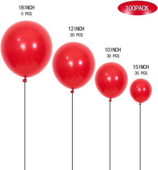 100pcs Red Balloons Latex Balloon Different Sizes 18 inch +12 inch +10 inch +5 inch for Christmas Valentine's Day Wedding Birthday Party Decoration