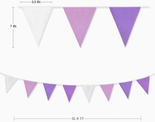 10M/32Ft Purple and White Pennant Banner Fabric Triangle Flag Cotton Cloth Bunting Garland Kit for Wedding Birthday Lavender Party Home Nursery Outdoor Garden Hanging Festivals Decoration (36Pcs)