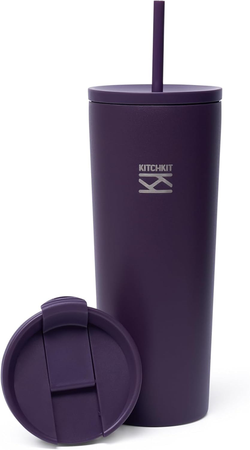750ml (25oz) Insulated Tumbler with Straw, Flip Lid & Bonus Sticker Pack – Stainless Steel Reusable Travel Cup (Velvet Plum)