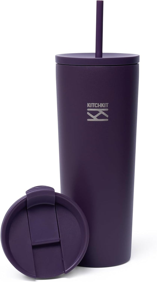 750ml (25oz) Insulated Tumbler with Straw, Flip Lid & Bonus Sticker Pack – Stainless Steel Reusable Travel Cup (Velvet Plum)