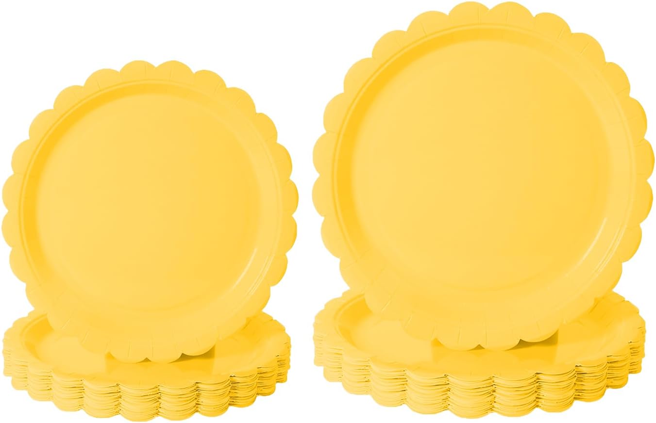 BEFORYOU 50PCS Scalloped Disposable Paper Plates Dessert Cake Party Plates for Baby Shower, Wedding,Bridal Shower Birthday Party Supplies (Yellow, 7IN and 9IN)