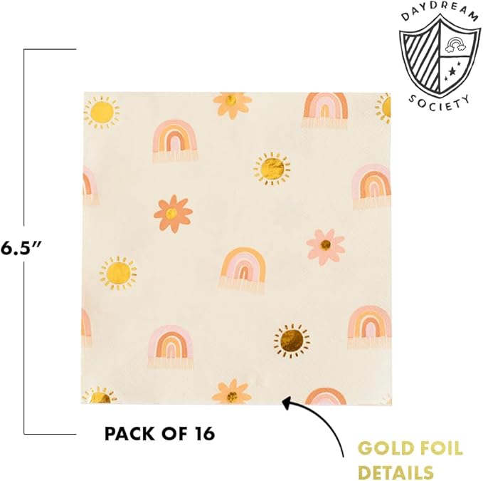 Daydream Society Boho Rainbow - Large Paper Napkins - Rainbow Party Napkins in Pastel Colors with Gold Foil - Pack of 16 Dinner Napkins - For Birthdays, Baby Showers, and Summer Gatherings