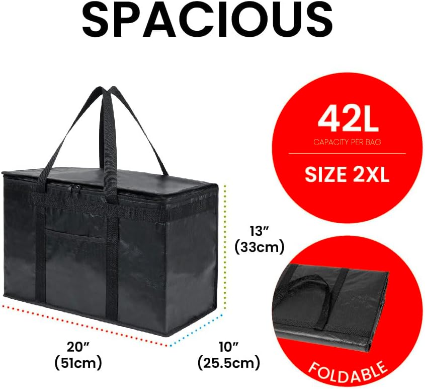 Durable XXL PRO Insulated Cooler Bag and Food Warmer for Delivery & Grocery Shopping with Zippered Top, Gray Commercial Grade (1 Pack)
