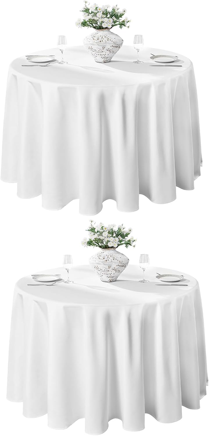 VidaFete 2 Pack 90inch Round Tablecloth Polyester Table Cloth，Stain Resistant and Wrinkle Polyester Dining Table Cover for Kitchen Dinning Party Wedding Rectangular Tabletop Buffet Decoration (White)