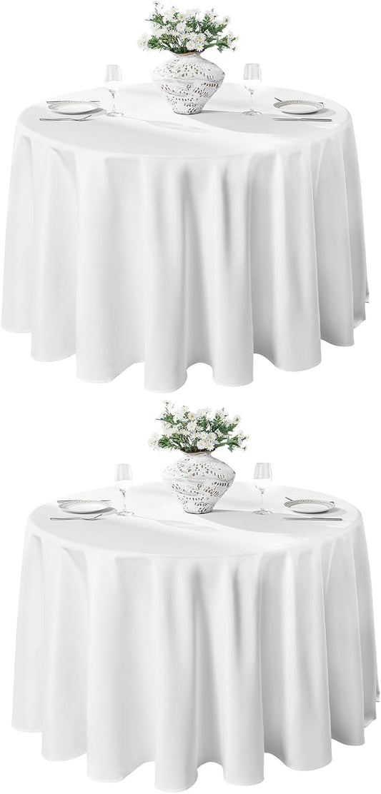 VidaFete 2 Pack 90inch Round Tablecloth Polyester Table Cloth，Stain Resistant and Wrinkle Polyester Dining Table Cover for Kitchen Dinning Party Wedding Rectangular Tabletop Buffet Decoration (White)