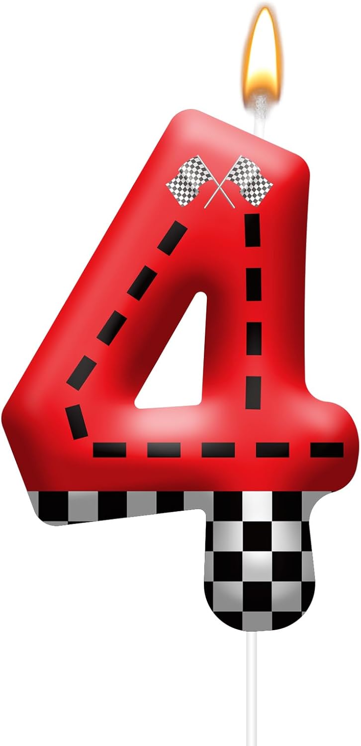 Racing Car Theme Birthday Candle with Checkered Flag Design - Durable Cake Topper for Race Car Party Decorations,Birthday Supplies - Number 4 Candle for Racing Themed Celebrations