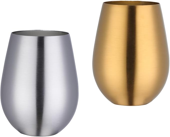 Buyer Star 304 Stainless Steel Wine Glasses Set of 2 - Large 17 oz Outdoor Stemless Wine Tumblers - 100% Unbreakable & Stemless Metal Drinking Cups for Home and Outdoors Dishwasher safe (Silver&Gold)