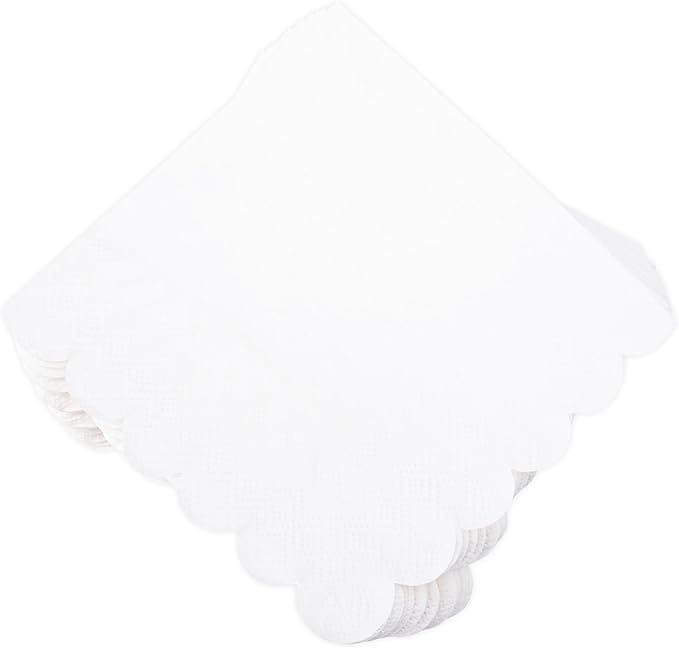 100 Pcs White Napkins Scalloped Edged Dessert Cocktail Napkins Folded 5 x 5 Inches Disposable Napkins for Dinner Wedding Birthday Party