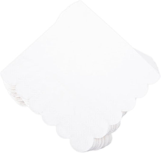 100 Pcs White Napkins Scalloped Edged Dessert Cocktail Napkins Folded 5 x 5 Inches Disposable Napkins for Dinner Wedding Birthday Party