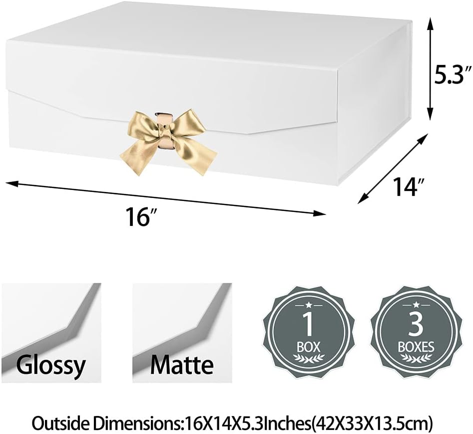 Extra Large White Gift Box 16x14x5.3 Inches, Gift Box with Ribbon with Lid Magnetic Closure, Groomsman Proposal Box, Rectangle Collapsible Gift Boxes for Large Gifts (Matte White)