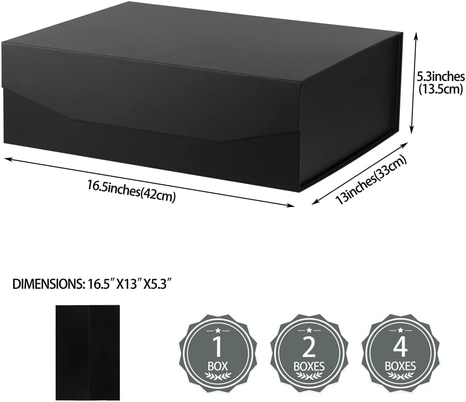 Black Extra Large Gift Box with Lid 2 Pcs 16.5 x 13 x 5.3 Inches, Gift Box large Black Gift Boxes for Presents Clothes Robe Wedding Dress Sweater,Reusable Foldable Bridesmaid Proposal Box（Matte）