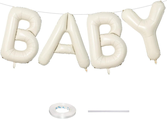 40 Inch Beige BABY Balloon for Baby Shower, Large Cream White Baby Foil Balloons Letters with Ribbon, Neutral Ivory Alphabet Baby Mylar Balloon Banner Sign for Gender Reveal Backdrop Party Decorations