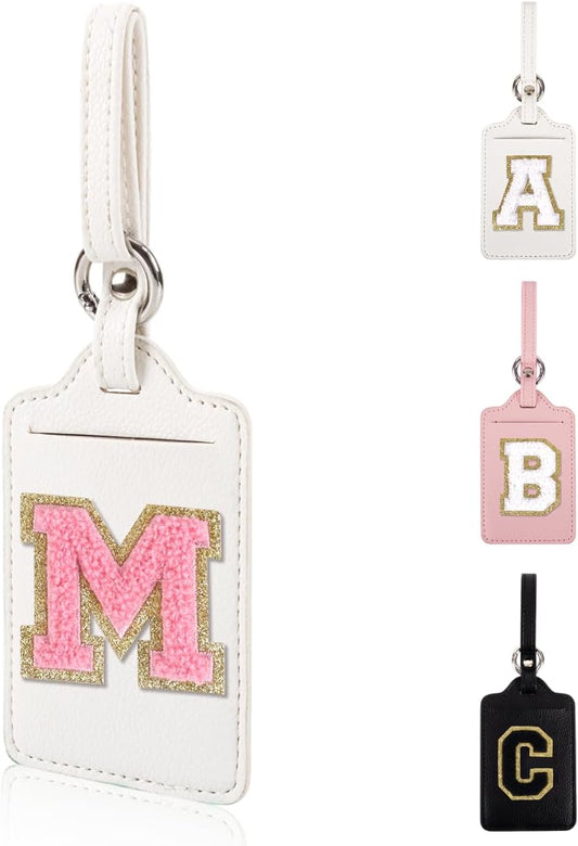 Personalized Initial Luggage Tags for Suitcases, Leather Chenille Letter Cute Luggage Tags with Privacy Name Card, Embroidered Travel Bag Backpack Tags Gifts for Women Kids Girls Teens(White-M)