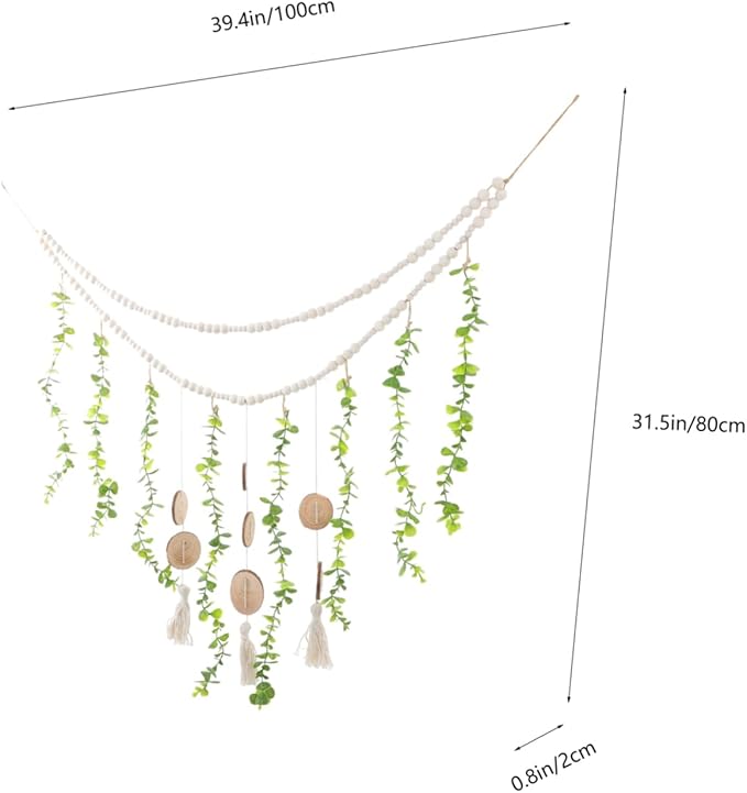 Hanging Photo Display Wooden Beads and Eucalyptus Leaves Stylish Wall Decor for Bedroom and Living Room Easy to Install Picture Holder Garland for Home Decoration