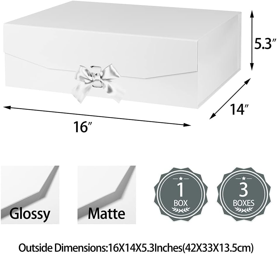 Extra Large White Gift Box 16x14x5.3 Inches With Ribbon and Lid Magnetic Closure, Groomsman Proposal Box, Rectangle Collapsible Boxes for Large Gifts (Glossy White)