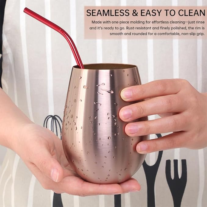 Buyer Star 304 Stainless Steel Wine Glasses Set of 4 - Large 17 oz Outdoor Stemless Wine Tumblers - 100% Unbreakable & Stemless Metal Drinking Cups for Home and Outdoors Dishwasher safe (RoseGold)