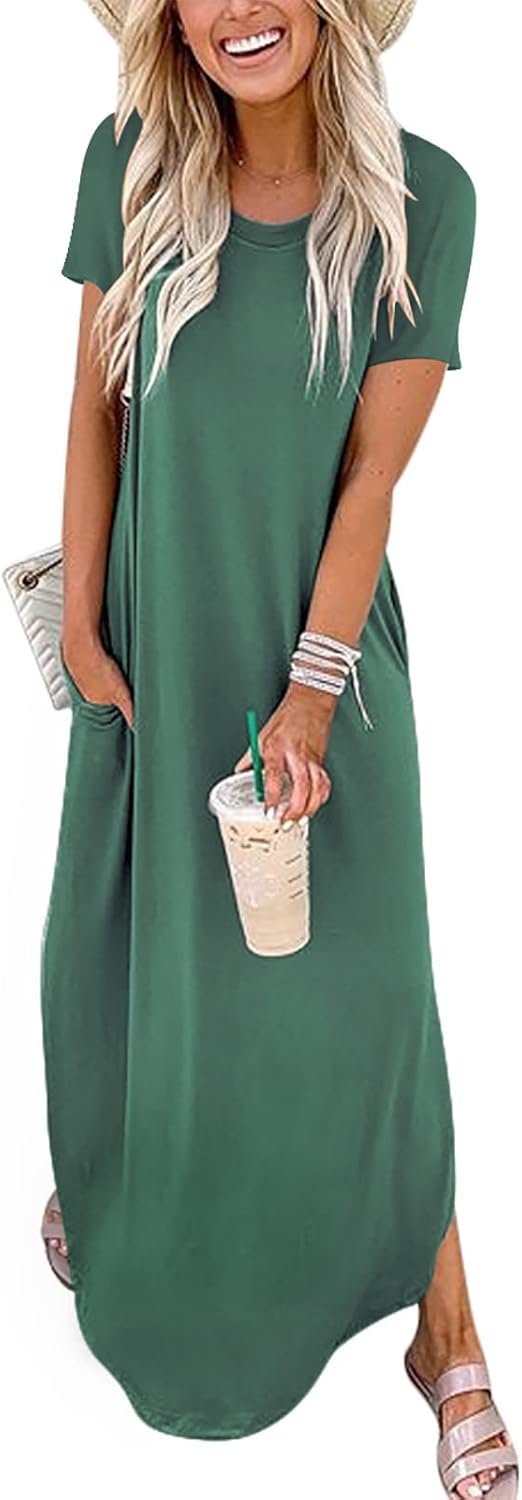 ANRABESS Womens Summer Maxi Dress Short Sleeve Casual Loose Long T Shirt Dresses Split Vacation Beach Sundress Travel Outfits