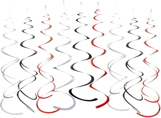 MOWO Silver Black and Red Foil Swirl Hanging Decoration Streamer for Birthday Graduation Retirement Halloween Theme Party, Pack of 21