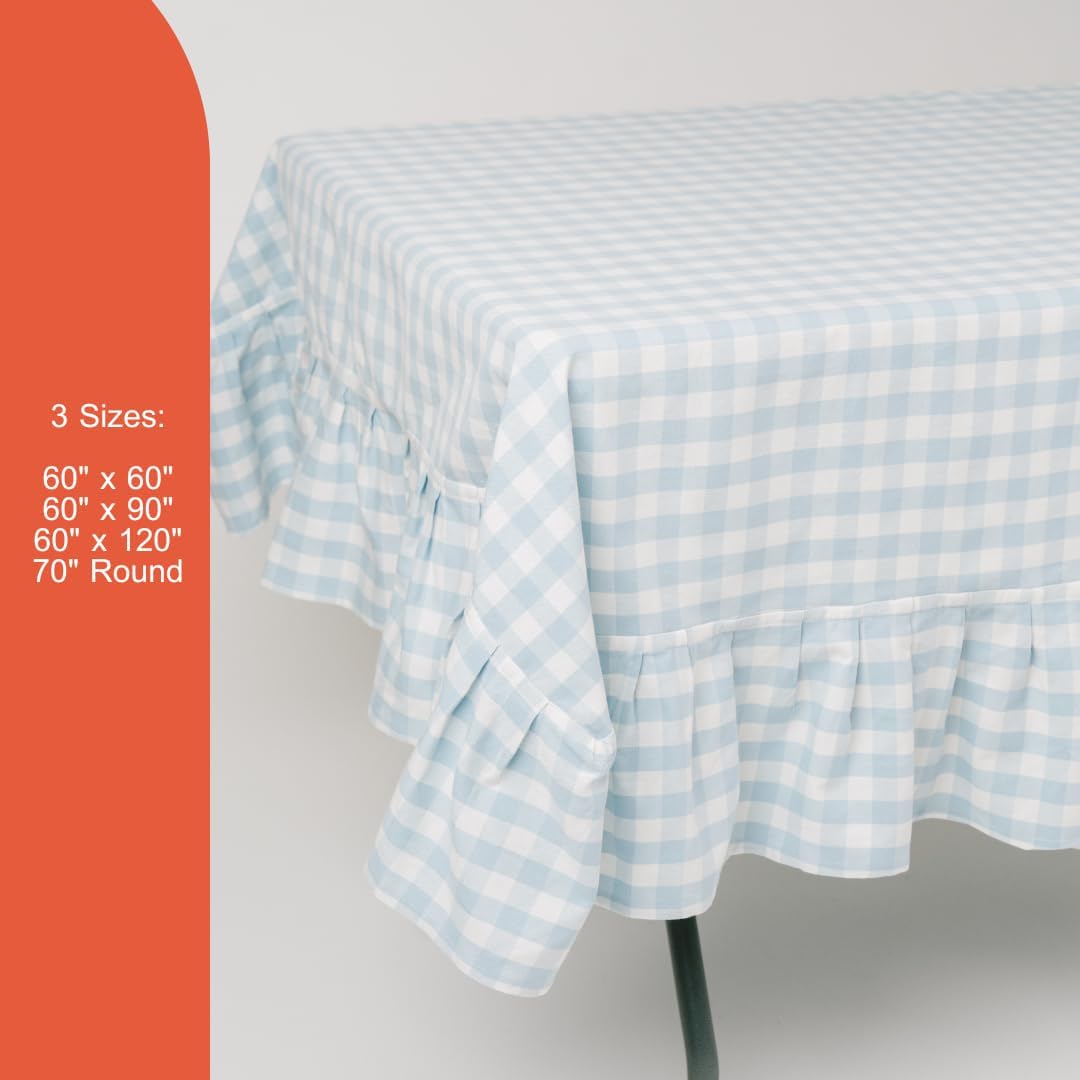 60x90 in Cotton Tablecloth with Ruffled Hem – Rectangular Farmhouse Dining Table Cover for Kitchen, Weddings, Parties, Indoor or Outdoor Picnic and Everyday Decor – Blue Checkered