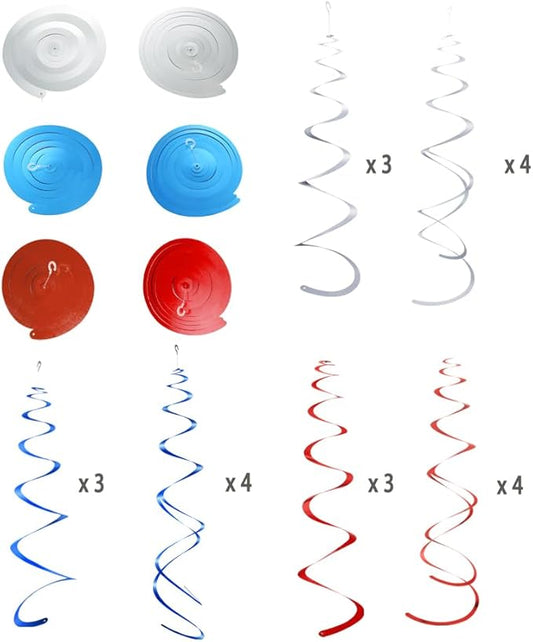 MOWO Silver Blue and Red Foil Swirl Hanging Decoration for 4th July Independence Day Graduation Retirement Patriotic Theme Party Supplies,Pack of 21