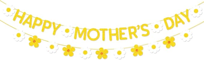 Happy Mother's Day Banner Set Decoration for Mother's Day Party Decorations Backdrop Garland for Mom Mother's Day Glitter Garland Photo Props (Gold Daisy)