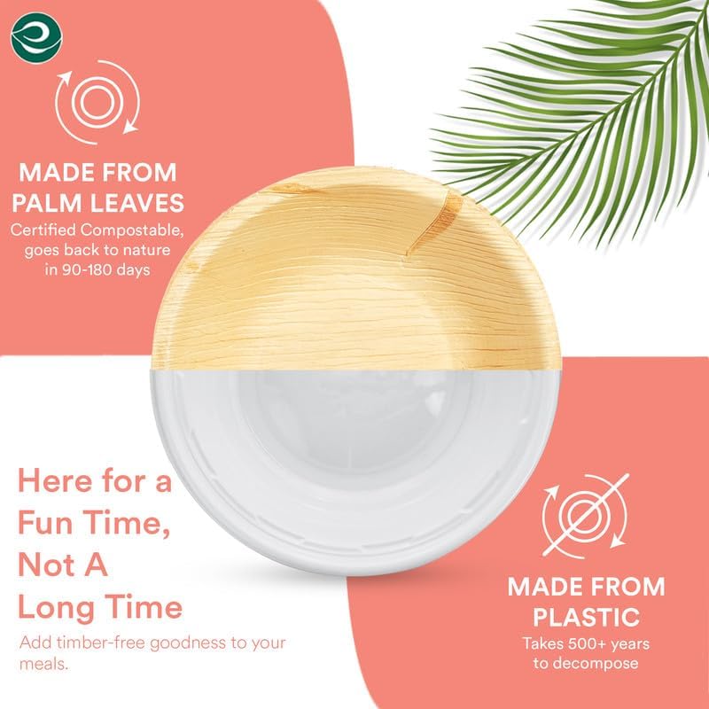 ECO SOUL 100% Compostable, Biodegradable, Disposable Palm Leaf Bowls, Like Bamboo Bowls, Eco-friendly | Sturdy, Microwave & Oven Safe (50, Small 5" (8 Oz) | Round)
