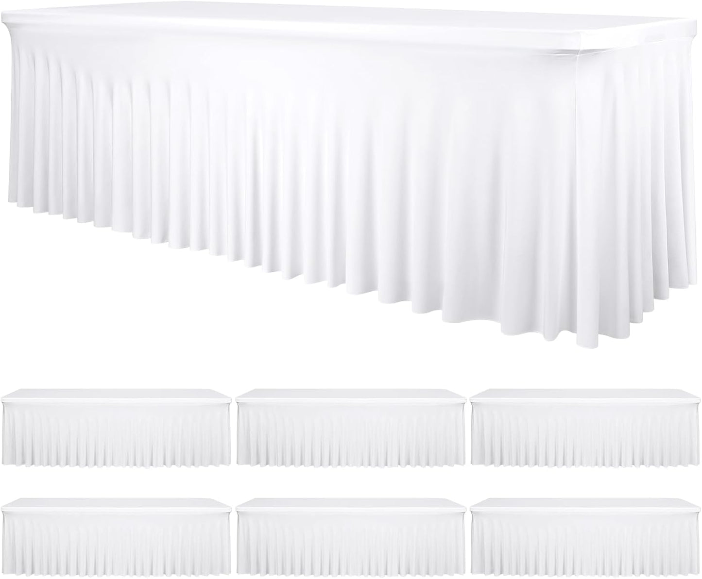 6 Packs White Stretch Table Skirts for 8 Foot Rectangle Table, Washable Spandex Stretch Tablecloths with Skirt, Wrinkle Resistant Fitted Tablecover for Wedding Party Banquet