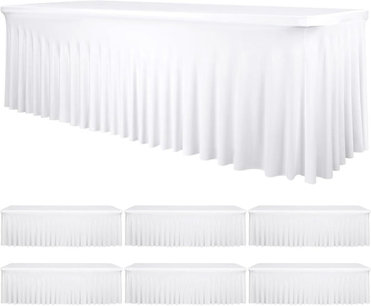 6 Packs White Stretch Table Skirts for 8 Foot Rectangle Table, Washable Spandex Stretch Tablecloths with Skirt, Wrinkle Resistant Fitted Tablecover for Wedding Party Banquet