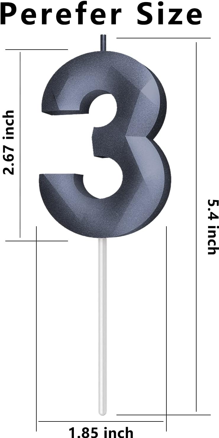 Number Birthday Candles(3 Candle Black) 3D Diamond Shape 3rd Happy Birthday Cake Topper Decorations for Boy Men Birthday Wedding Anniversary Celebration Theme Party Supplies