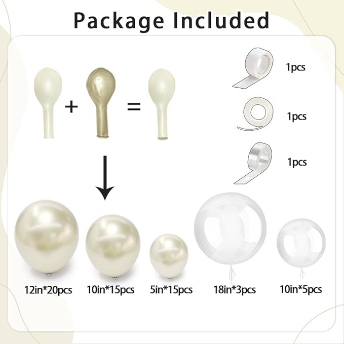 Pearl Balloon Arch - Double Stuffed Pearl Gold Balloon Garland Kit Beige Cream Balloons Different Sizes 12/10/5in With Clear Bobo Balloons For Birthday Wedding Bridal Baby Shower Baptism Party Decor