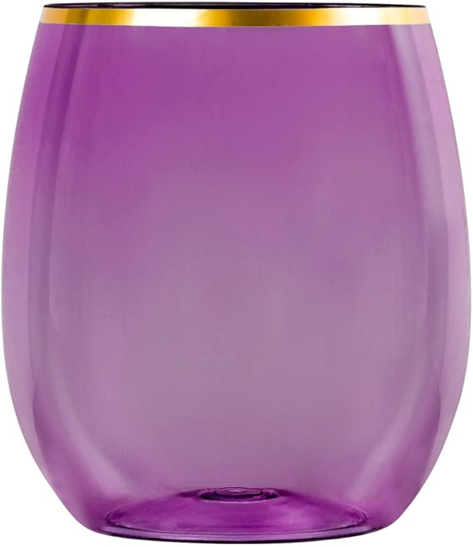 PLASTICPRO 12 Pack Purple With Gold Rim Plastic Wine Glasses Stemless Disposable 12 oz BPA Free Shatterproof Plastic Wine Cups Wine Glasses for Parties