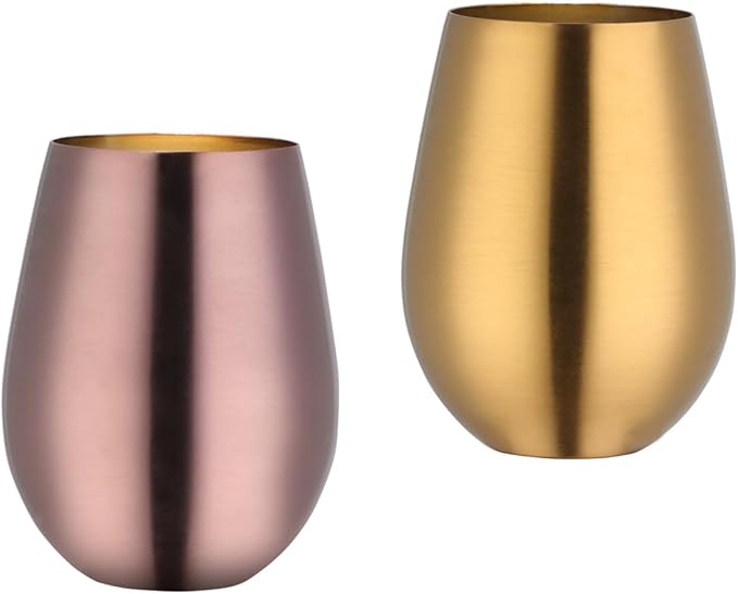 Buyer Star 304 Stainless Steel Wine Glasses Set of 2 - Large 17 oz Outdoor Stemless Wine Tumblers - 100% Unbreakable & Stemless Metal Drinking Cups for Home and Outdoors (Gold&RoseGold)