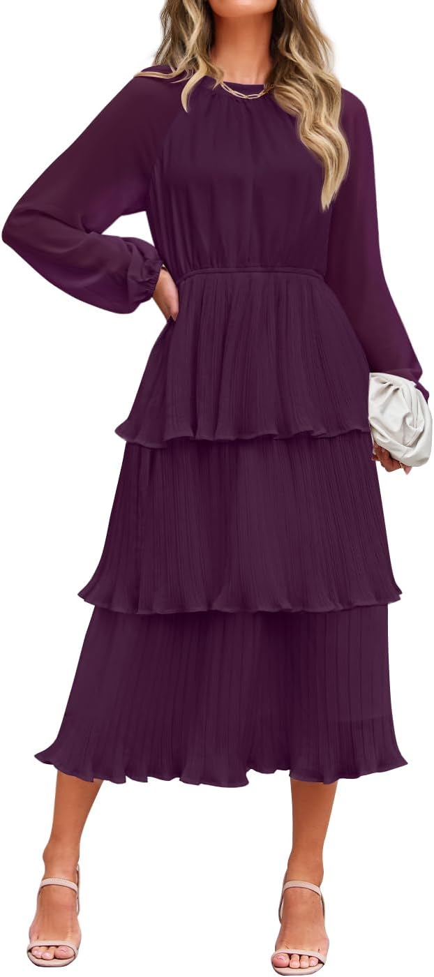ZESICA Women's 2025 Long Sleeve Crew Neck Ruffle Tiered Layered Chiffon Flowy Swing Long Midi Dress