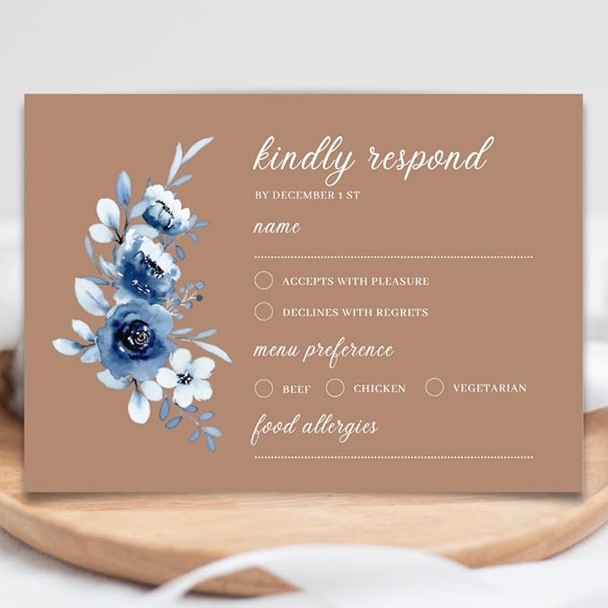 crafty-bell Glossy Finish Personalized Wedding RSVP Response Cards with White Envelopes, Blue Floral Design, 15 Count Respond Cards in Glossy Finish (Brown)