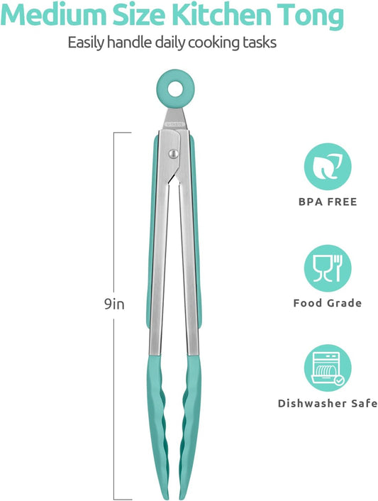 600ºF Heat Resistant Kitchen Tongs: U-Taste 9 inch Silicone Cooking Tong with Firm Sealed Non Stick Rubber Tips & Silicon Coated 18/8 Stainless Steel Handle & Smooth Locking for Serving Salad-Aqua Sky