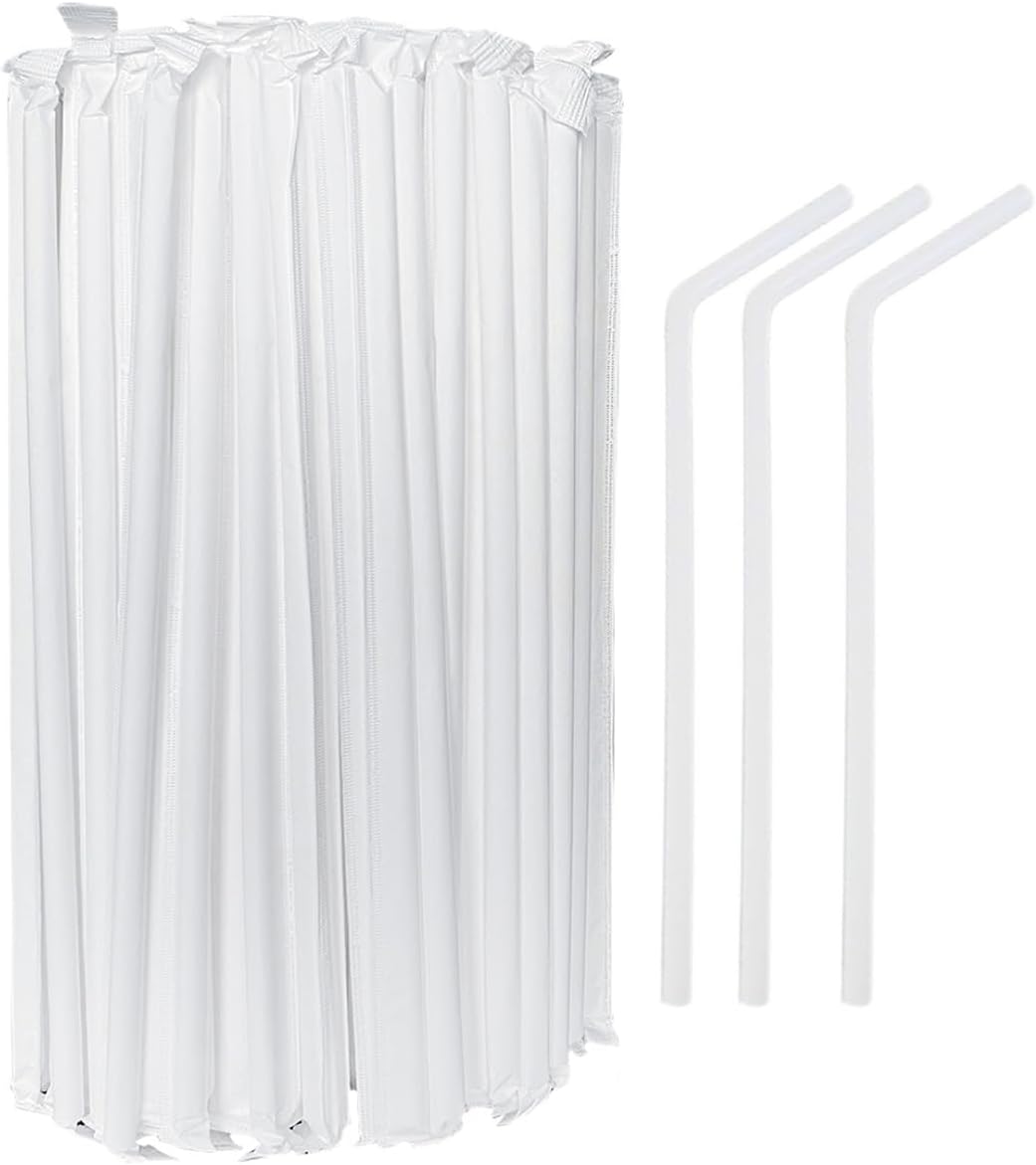 200-500PCS flexible plastic straws, black disposable curved party straws 8.26 inches long straw party decoration (500, White - A)