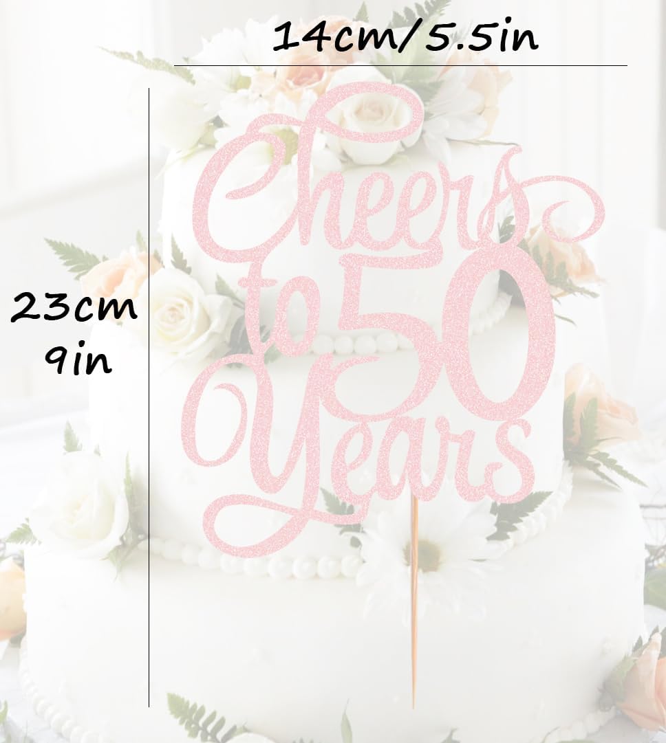 Cheers to 50 Years Cake Topper - Light Pink Glitter 50th Birthday Cake Decorating Supplies, Perfect for 50th Anniversary or Fifty Birthday Party, Photo Booth Props