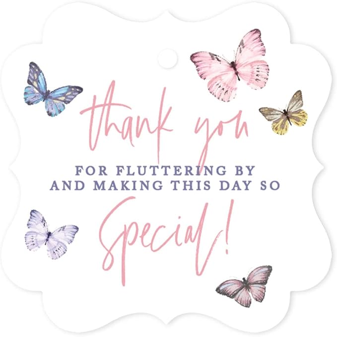 Andaz Press Fancy Frame Kids Party Favor Thank You Tags with String, 48-Pack Butterfly Birthday Gift Tags for Gift Bags, Favor Bags, Goody Bags, Girls, Pastel Butterfly 1st Birthday Party Favors
