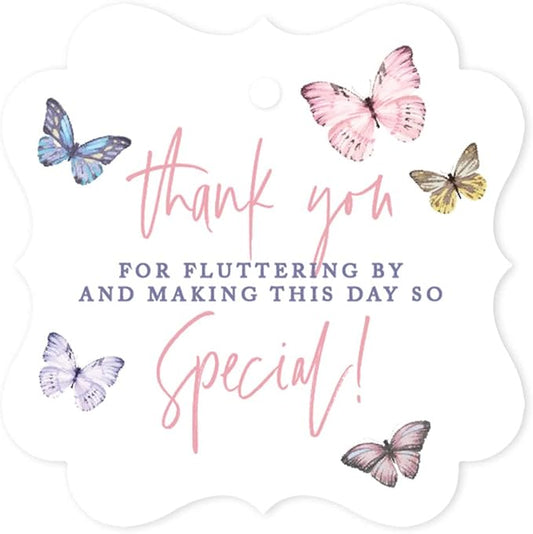 Andaz Press Fancy Frame Kids Party Favor Thank You Tags with String, 48-Pack Butterfly Birthday Gift Tags for Gift Bags, Favor Bags, Goody Bags, Girls, Pastel Butterfly 1st Birthday Party Favors