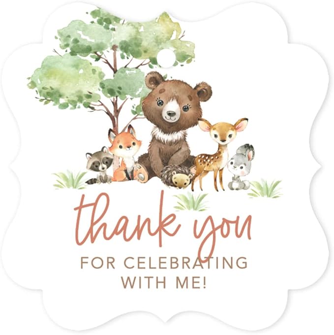 Andaz Press Fancy Frame Kids Party Favor Thank You Tags with String, 48-Pack Woodland Animals Birthday Gift Tags for Gift Bags, Favor Bags, Goody Bags, Boys & Girls, Gender-Neutral 1st Birthday Tags
