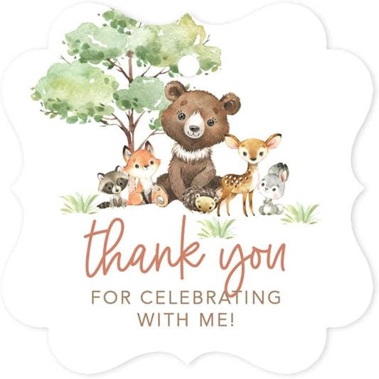 Andaz Press Fancy Frame Kids Party Favor Thank You Tags with String, 48-Pack Woodland Animals Birthday Gift Tags for Gift Bags, Favor Bags, Goody Bags, Boys & Girls, Gender-Neutral 1st Birthday Tags