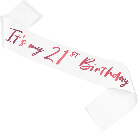 21st Birthday Sash, White Satin Soft Sashes with Pink Foil Letter, Birthday Decorations for Girls Happy 21st Birthday Party Favor Supplies, White Pink