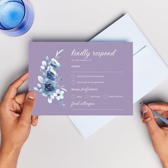 crafty-bell Glossy Finish Personalized Wedding RSVP Response Cards with White Envelopes, Blue Floral Design, 15 Count Respond Cards in Glossy Finish (Purple)
