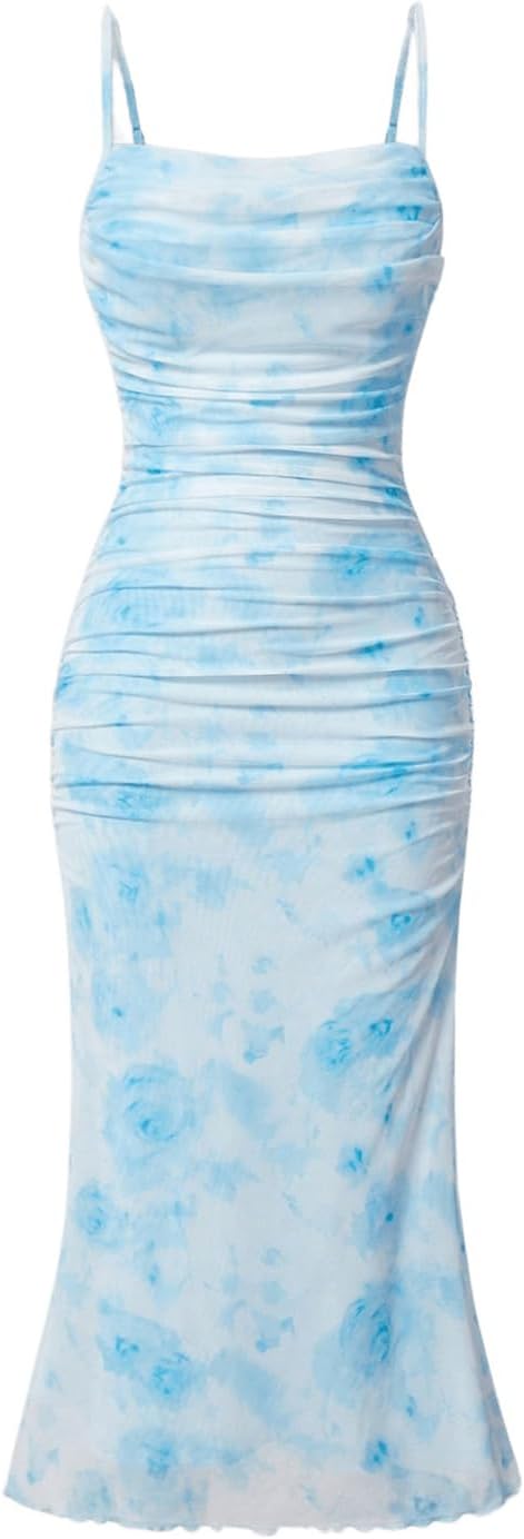 GORGLITTER Women's Floral Ruched Bodycon Midi Dress Mesh Sleeveless Fishtail Cami Dresses