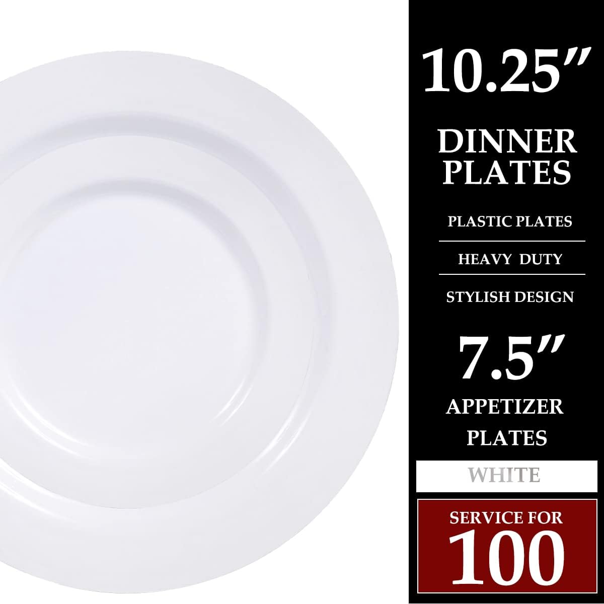 100 Piece Plastic Party Plates White, 50 Premium Heavy Duty 10.25 Inch Dinner Plates and 50 Disposable 7.5 Inch Dessert Appetizer Elegant Fancy Heavy Duty Wedding Plates