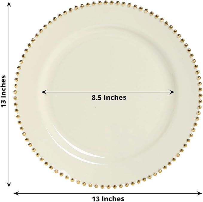 Efavormart 10-Pack Economy Plastic Charger Plates 13" Round Ivory with Gold Beaded Rim - Stylish Dinner Party Serving Plates