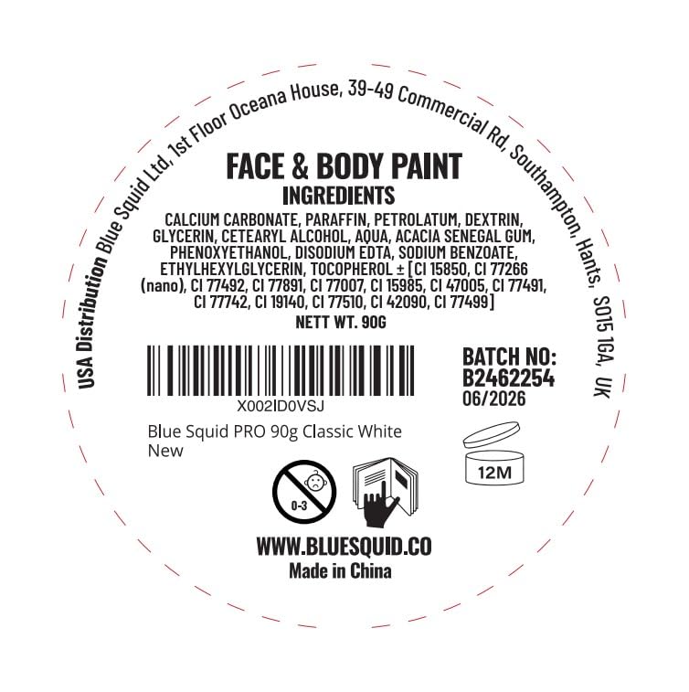 Blue Squid PRO Face Paint - Professional Water Based Single Cake Facepaint & Body Paints - SFX Makeup, Kids Adults Face Painting for Costume, Halloween, Cosplay - Classic White 90g / 3oz